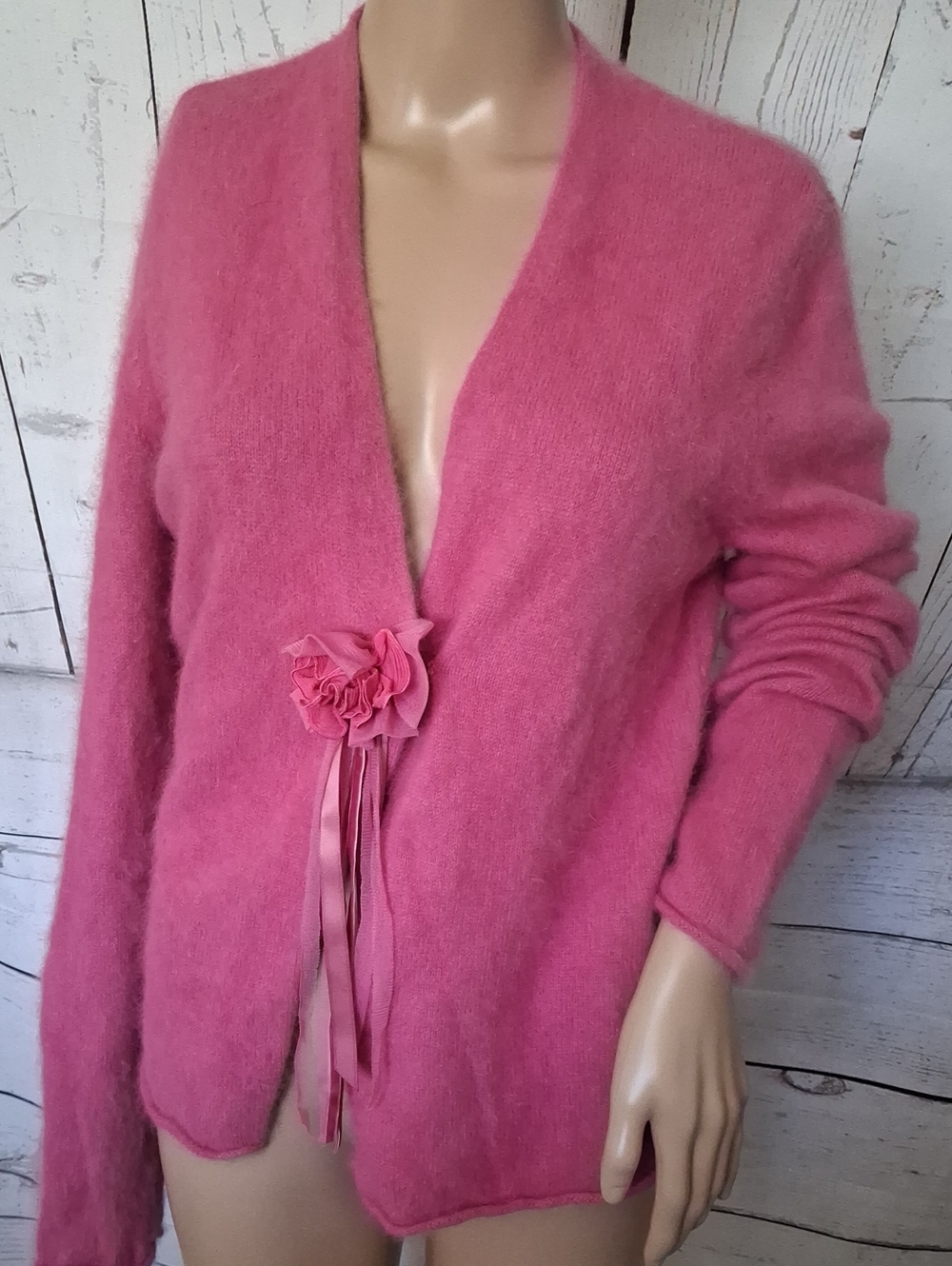 Mercer & Madison Pink Women's Floral Ribbon Angora Cardigan Sweater Size L